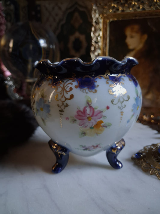 Antique Cobalt Floral Porcelain Cauldron / Footed Offering Vessel