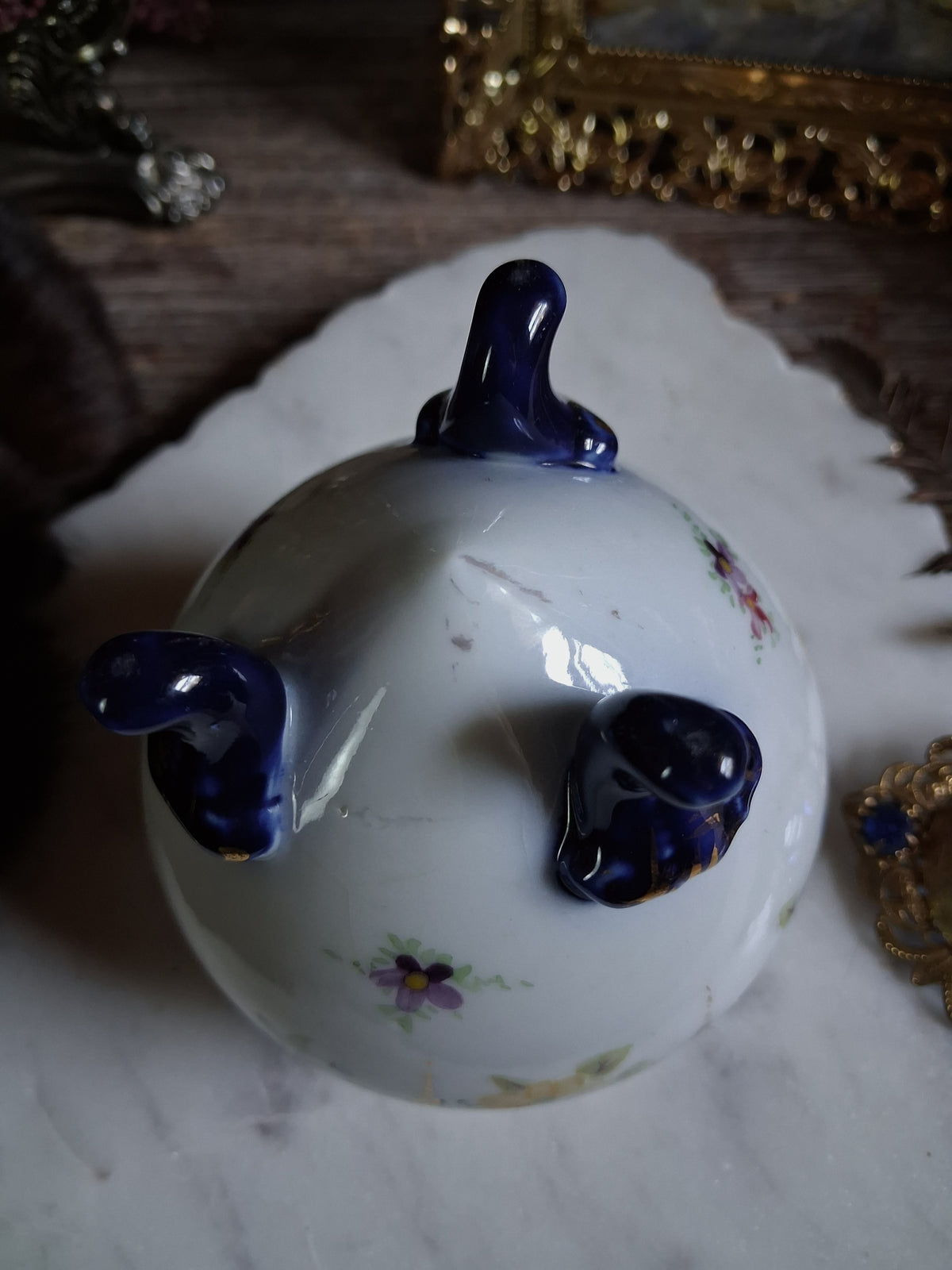Antique Cobalt Floral Porcelain Cauldron / Footed Offering Vessel