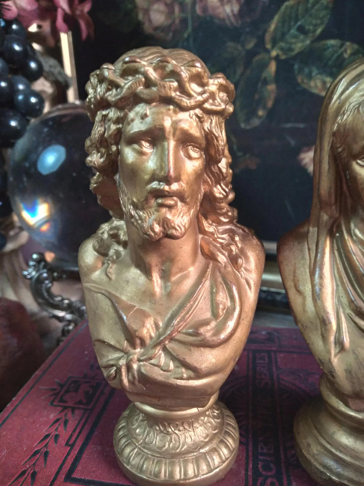 Vintage Gold Sacred Heart Mary & Jesus Busts — Pair