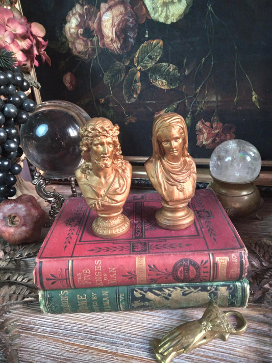Vintage Gold Sacred Heart Mary & Jesus Busts — Pair