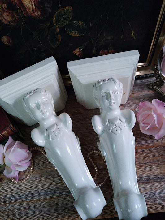 Vintage Hand-Carved Angel Corbels — Pair