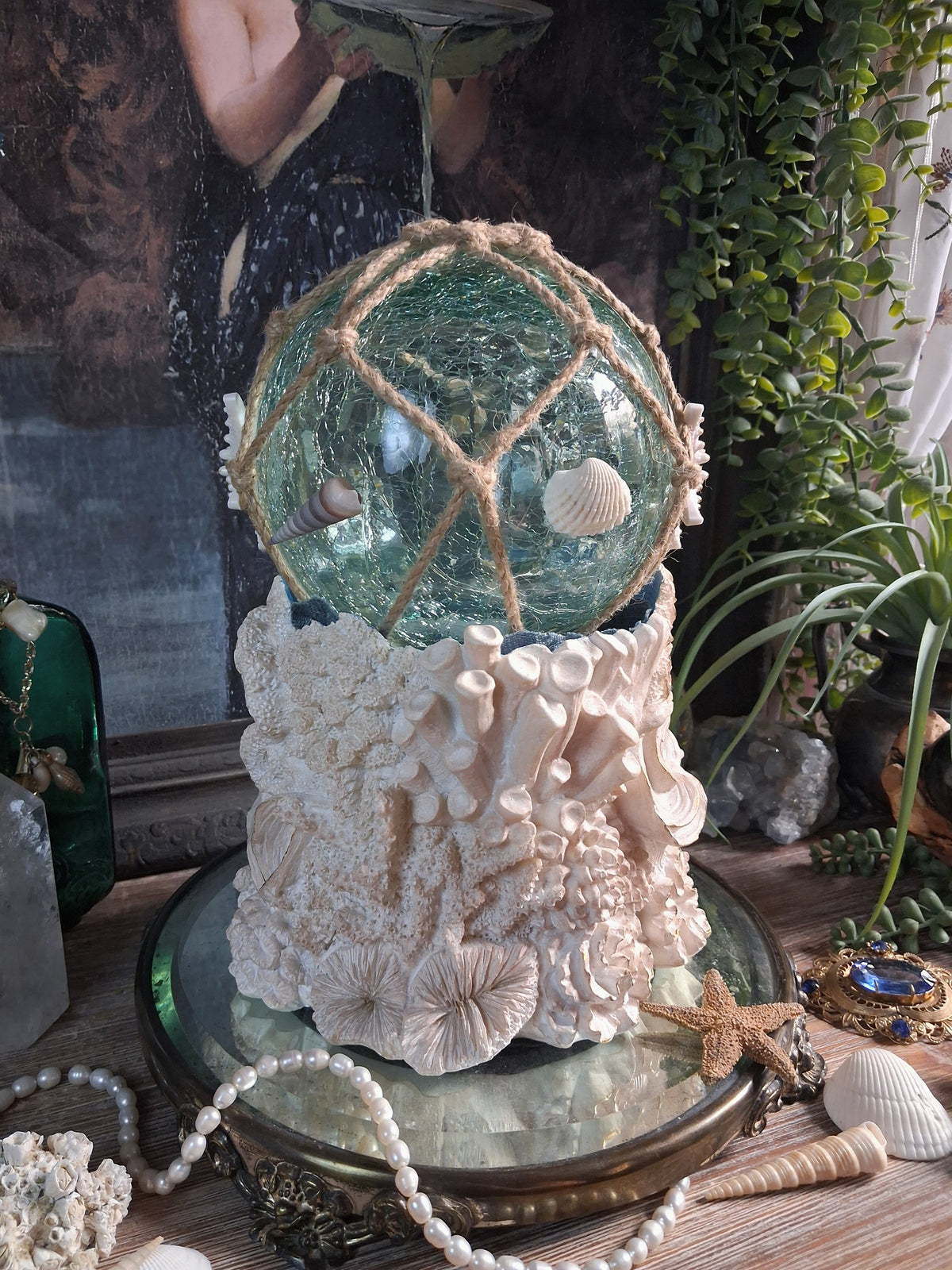 Lighted Aqua Glass Scrying Orb / Water Witch Crystal Ball
