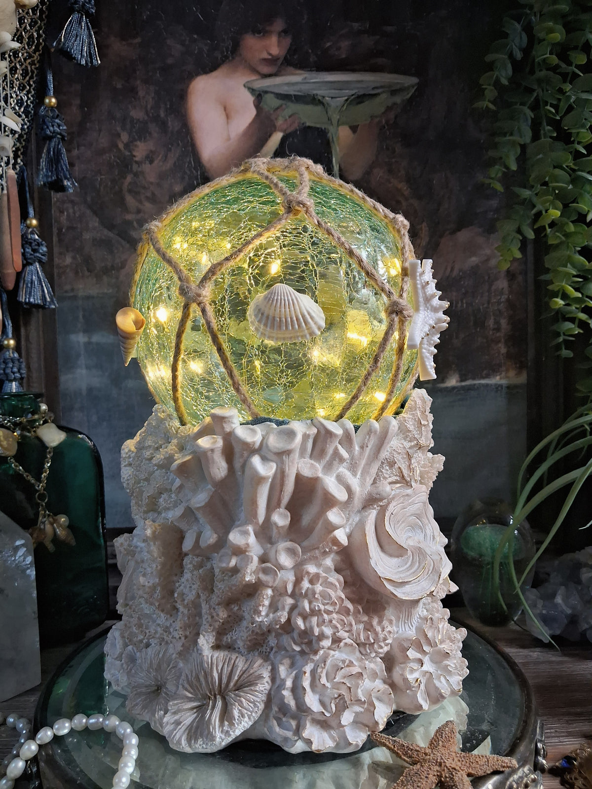 Lighted Aqua Glass Scrying Orb / Water Witch Crystal Ball