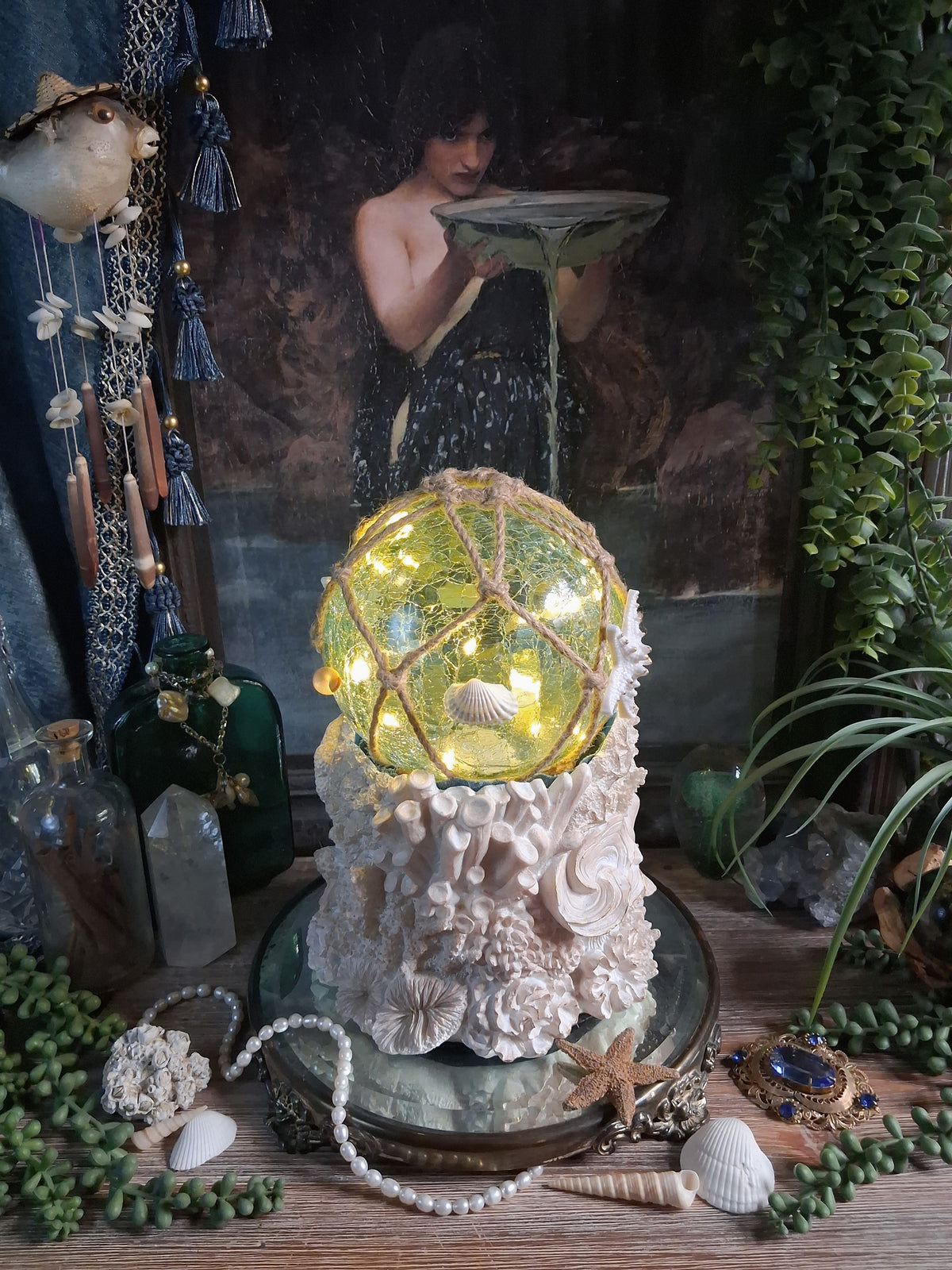 Lighted Aqua Glass Scrying Orb / Water Witch Crystal Ball