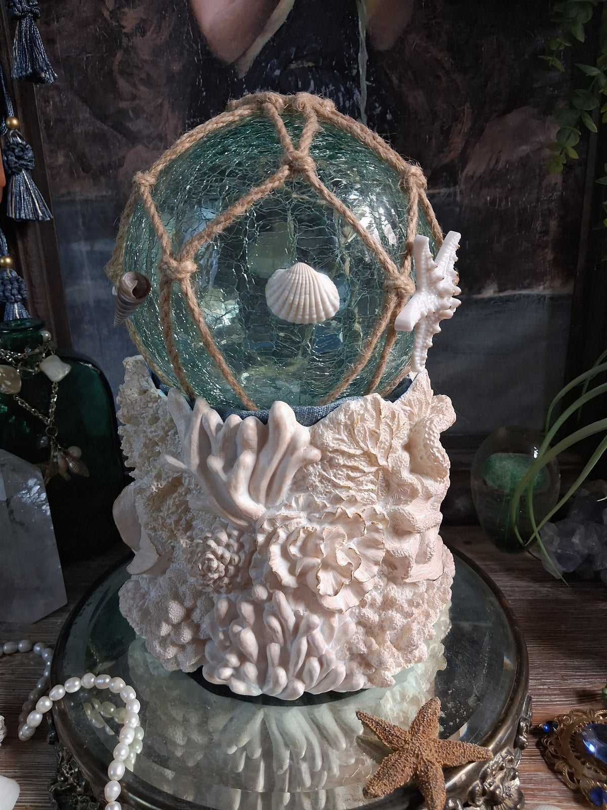 Lighted Aqua Glass Scrying Orb / Water Witch Crystal Ball