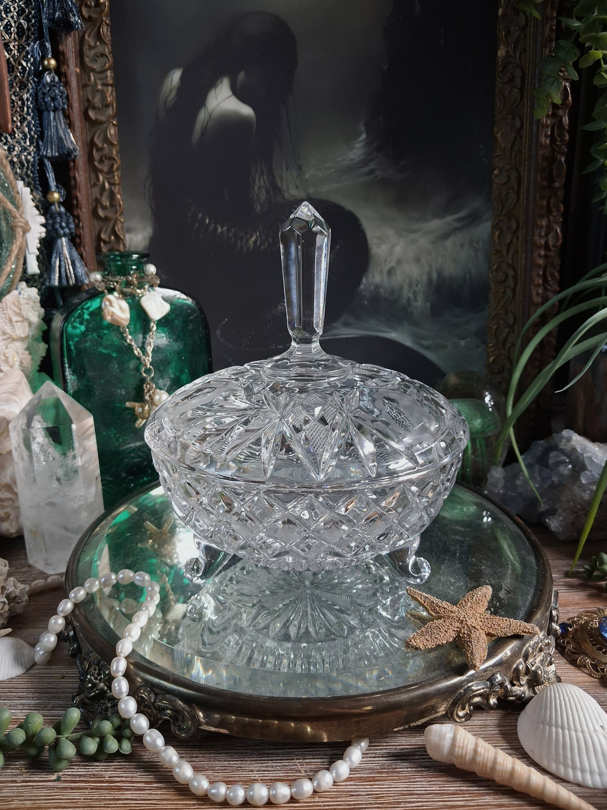 Vintage Crystal Finial Covered Dish / Footed Offering Vessel
