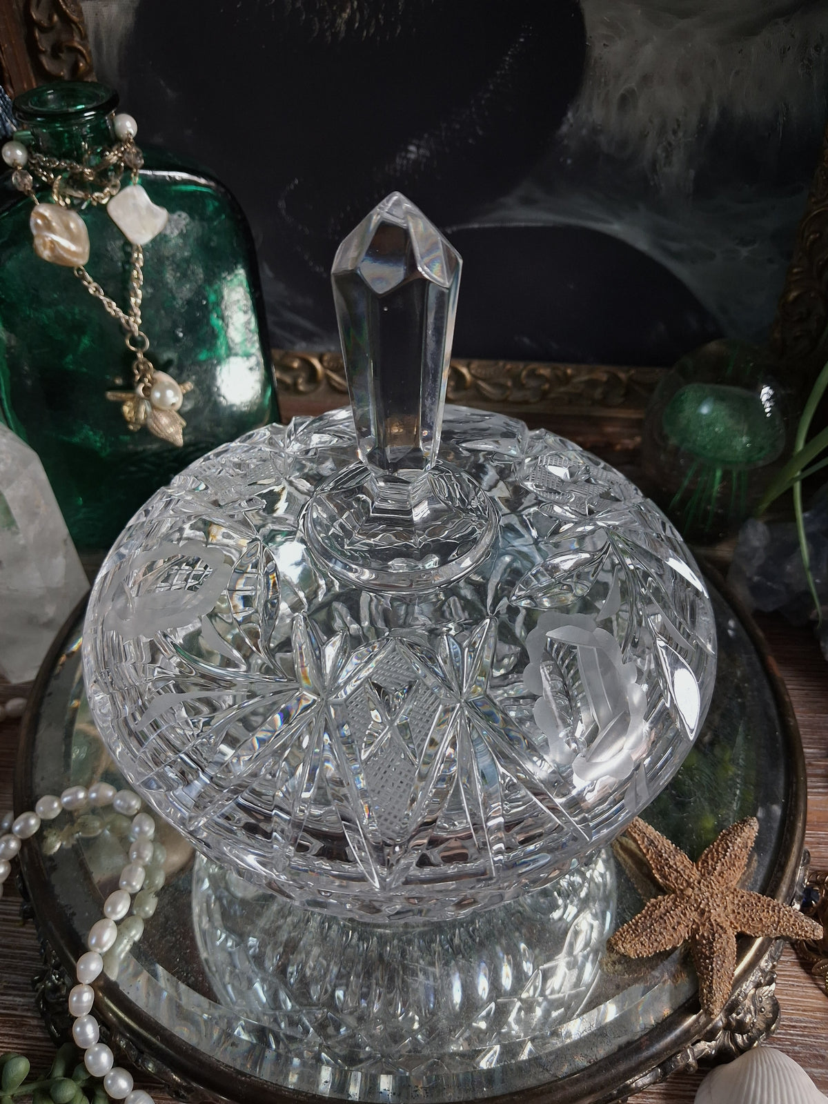 Vintage Crystal Finial Covered Dish / Footed Offering Vessel