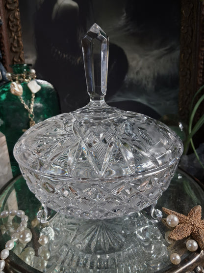 Vintage Crystal Finial Covered Dish / Footed Offering Vessel