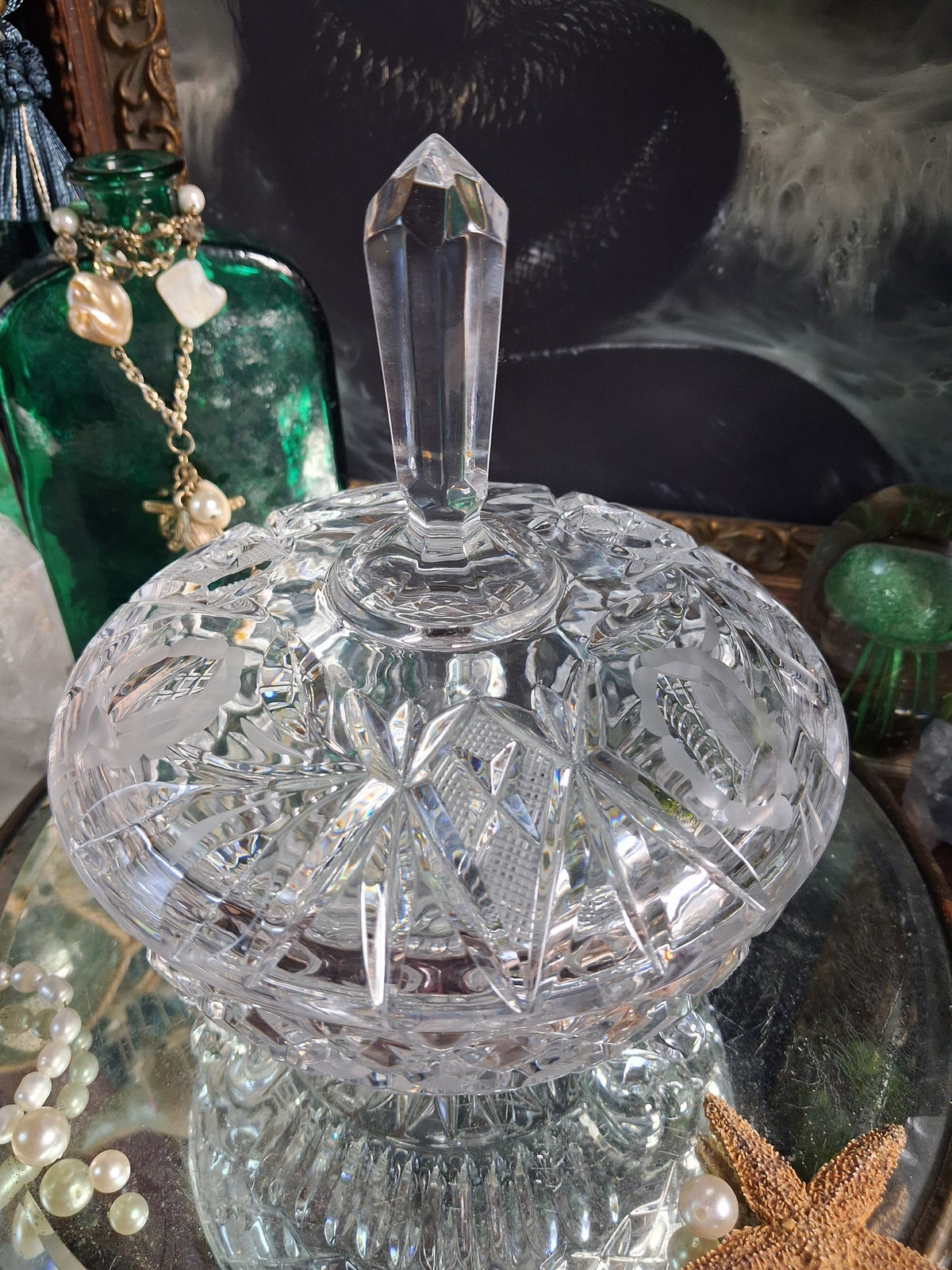Vintage Crystal Finial Covered Dish / Footed Offering Vessel