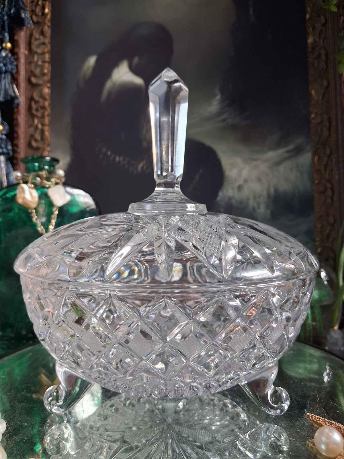 Vintage Crystal Finial Covered Dish / Footed Offering Vessel