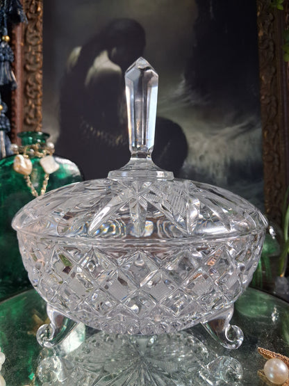 Vintage Crystal Finial Covered Dish / Footed Offering Vessel