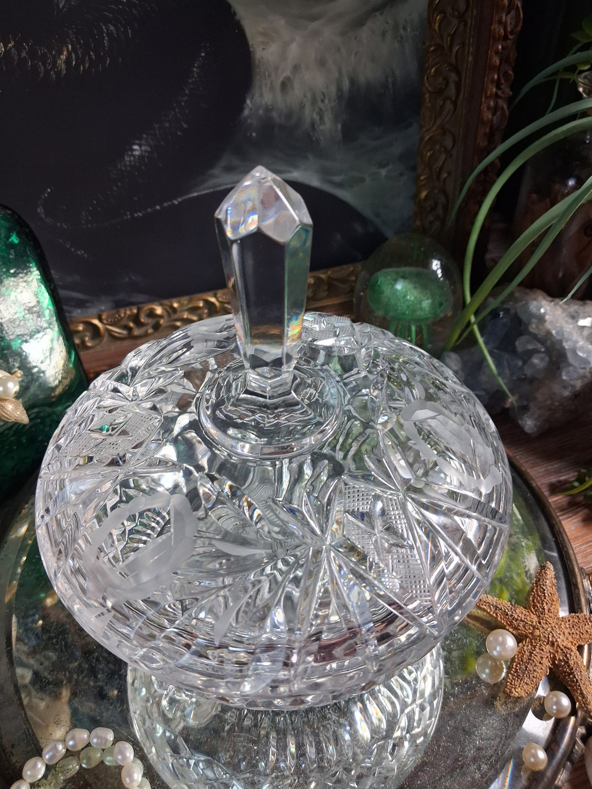 Vintage Crystal Finial Covered Dish / Footed Offering Vessel