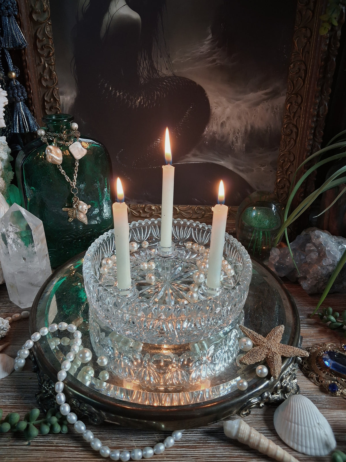Vintage Cut Crystal Triple Candle Holder / Ritual Altar