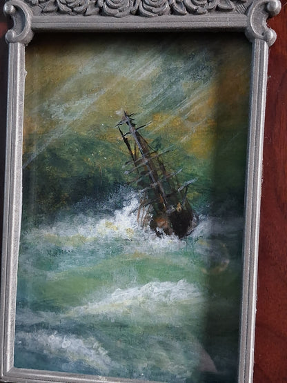 Original Storm Ship Painting in Vintage Frame
