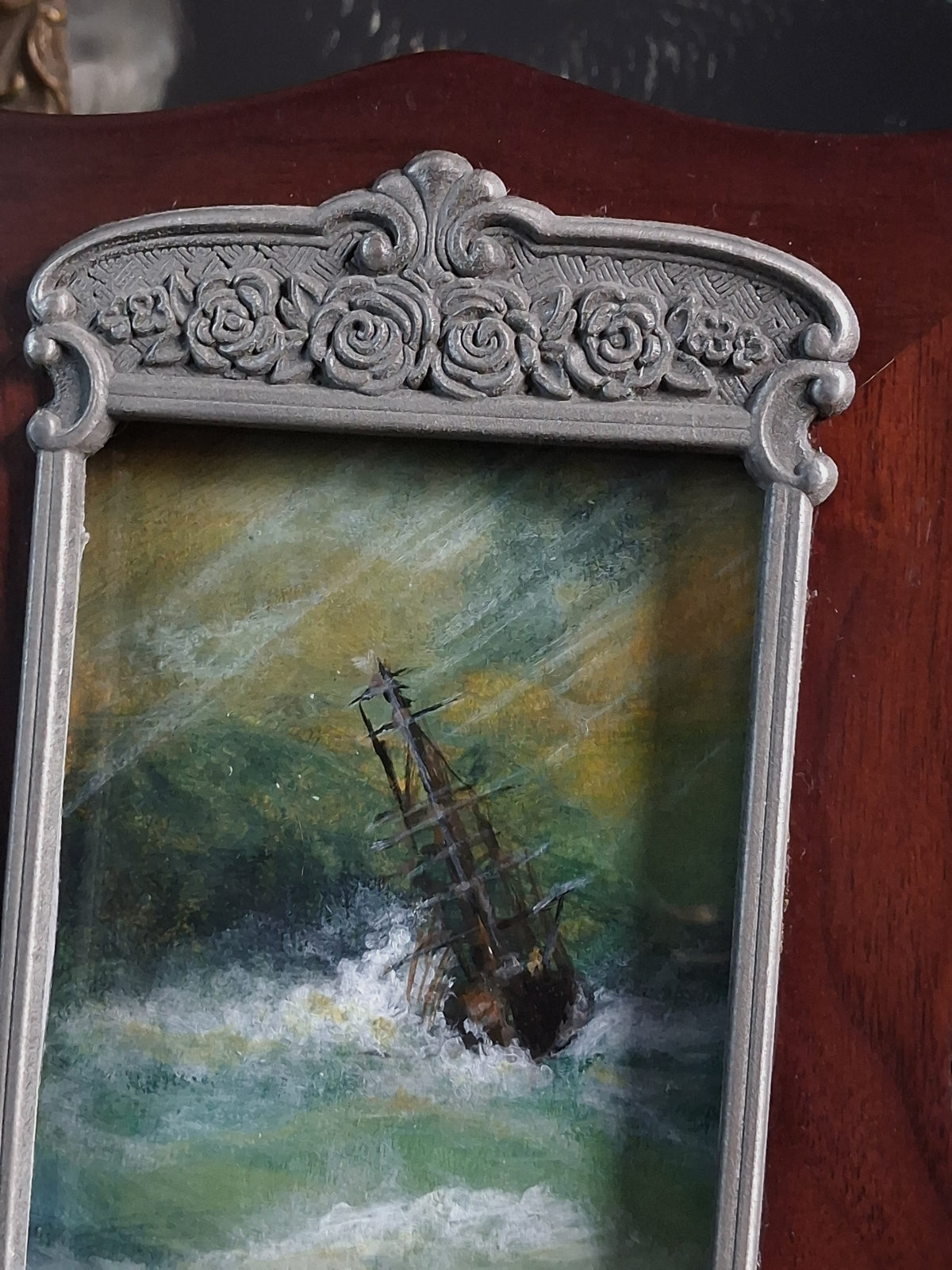 Original Storm Ship Painting in Vintage Frame