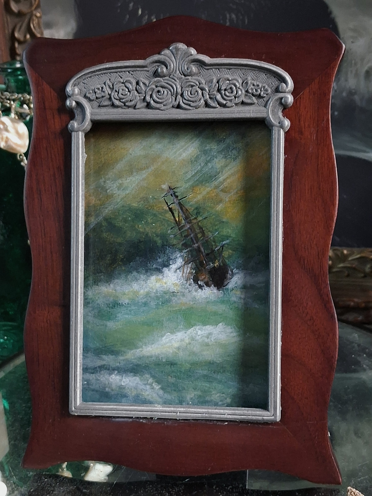 Original Storm Ship Painting in Vintage Frame