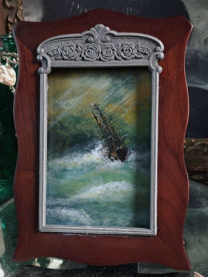Original Storm Ship Painting in Vintage Frame