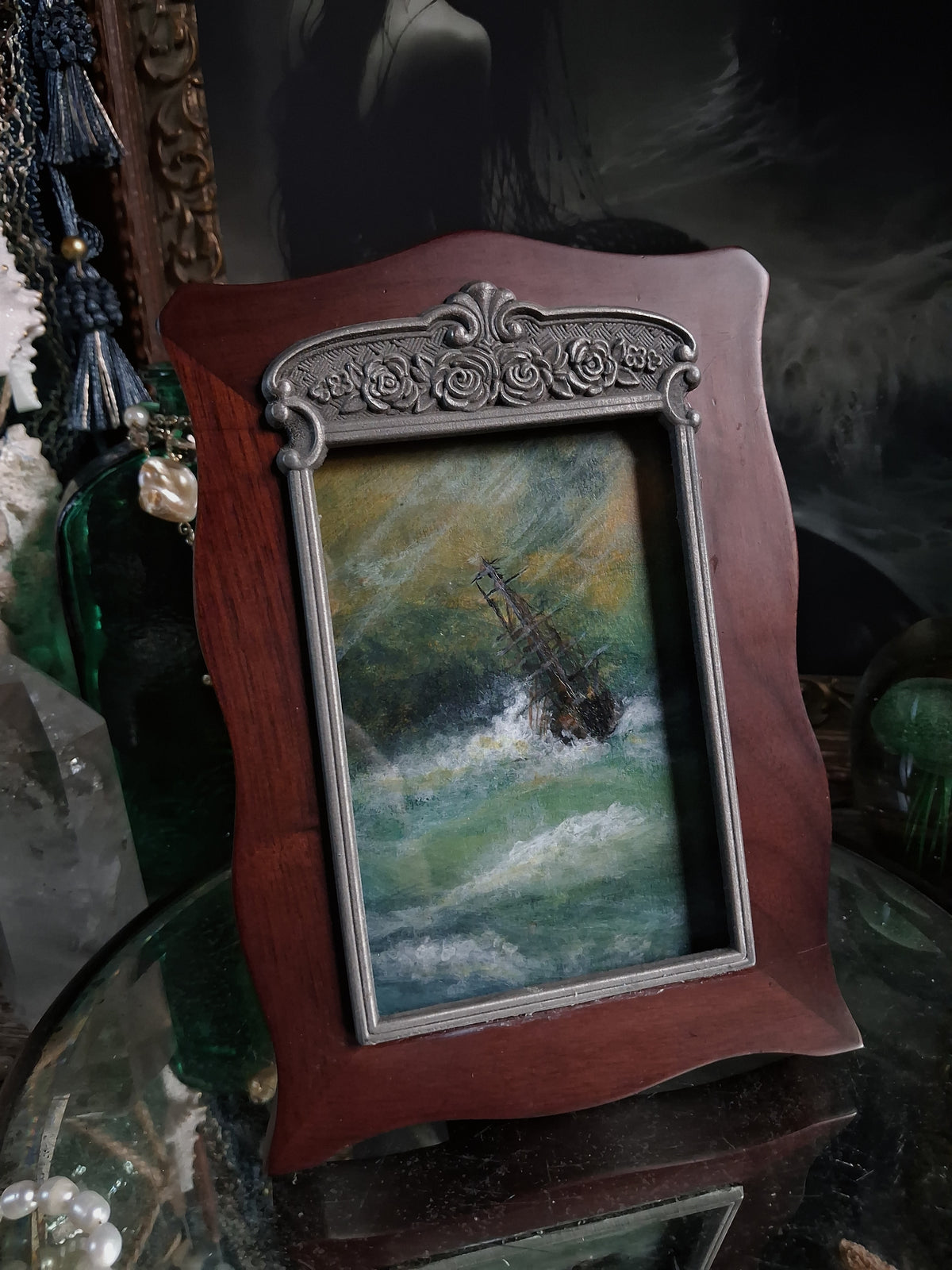 Original Storm Ship Painting in Vintage Frame