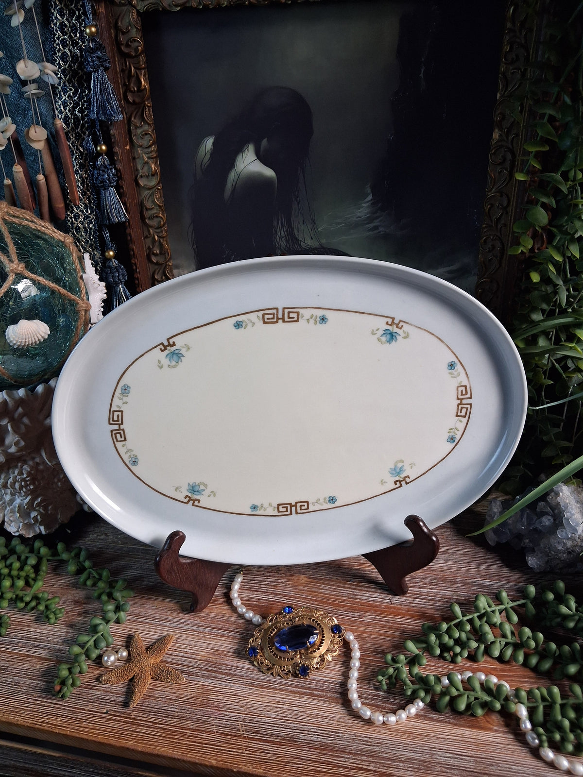 Antique Porcelain Greek Key Altar Tray