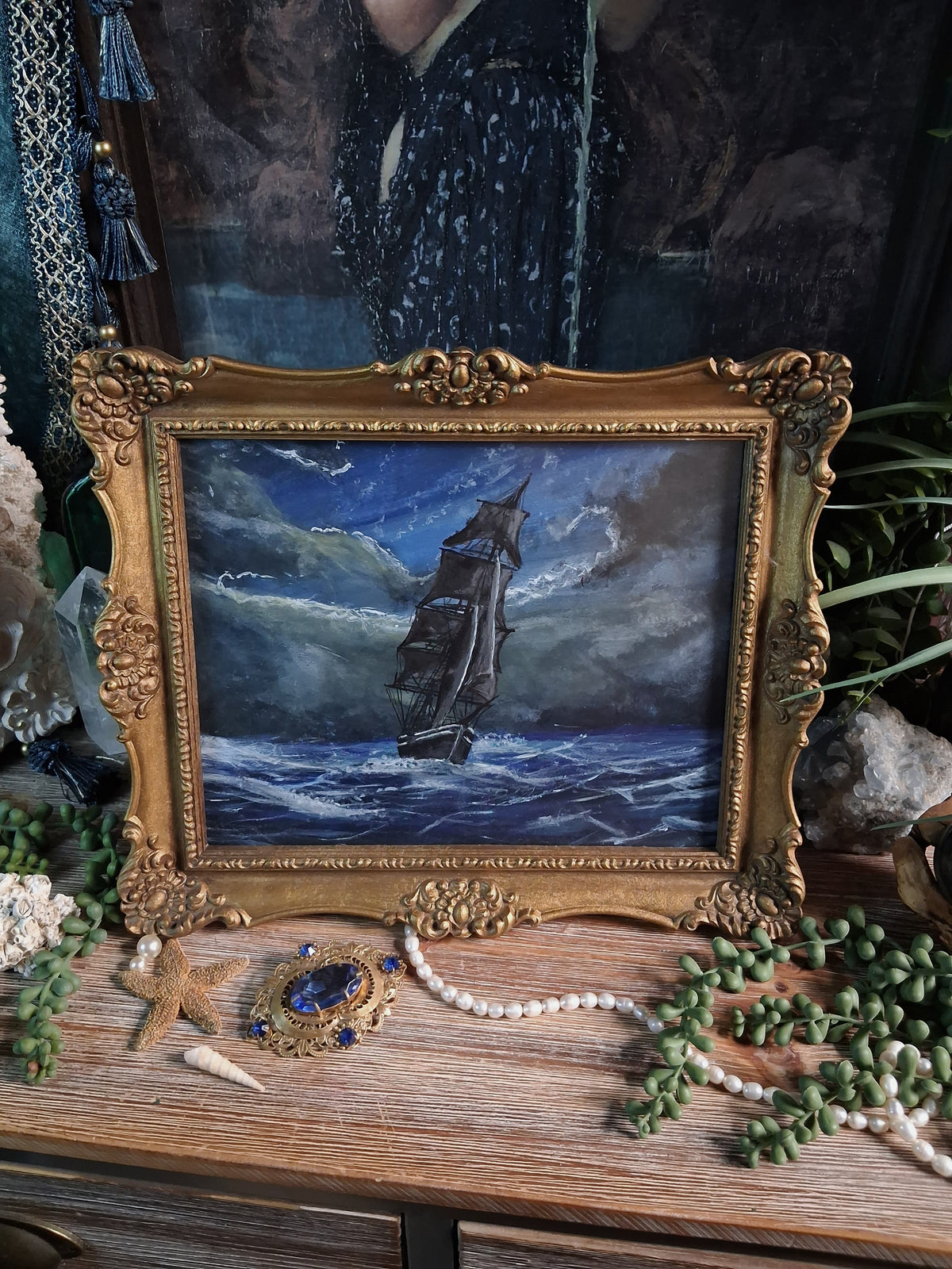 Original Storm Ship Painting in Vintage Gold Frame