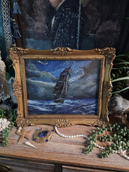 Original Storm Ship Painting in Vintage Gold Frame