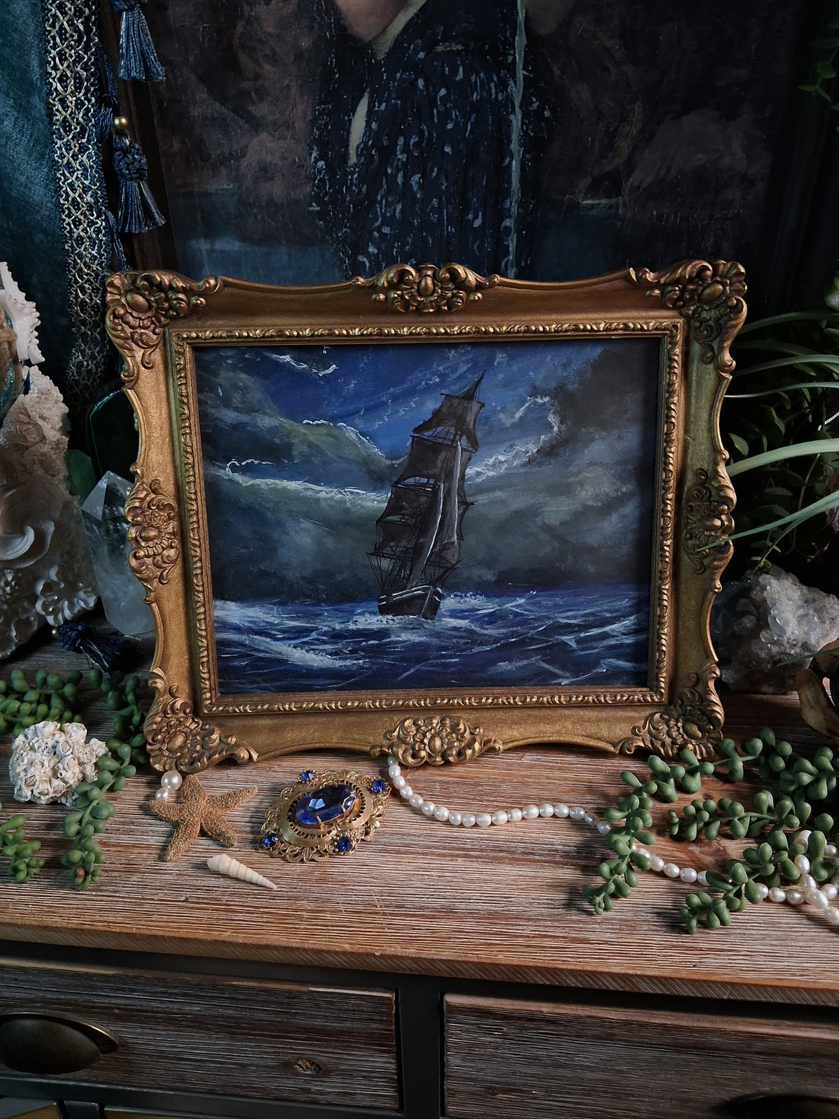 Original Storm Ship Painting in Vintage Gold Frame