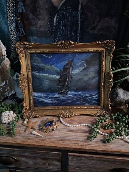 Original Storm Ship Painting in Vintage Gold Frame