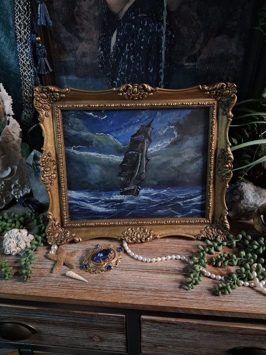 Original Storm Ship Painting in Vintage Gold Frame