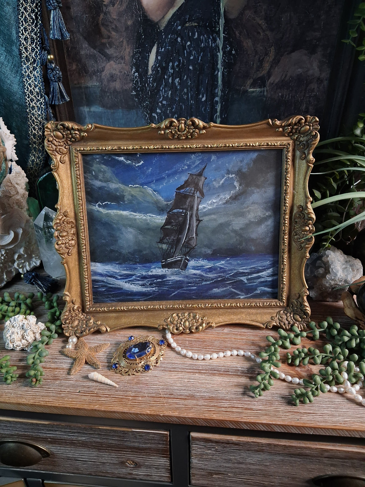 Original Storm Ship Painting in Vintage Gold Frame