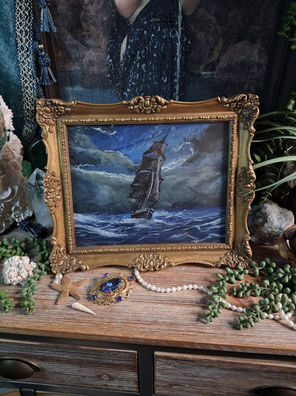Original Storm Ship Painting in Vintage Gold Frame