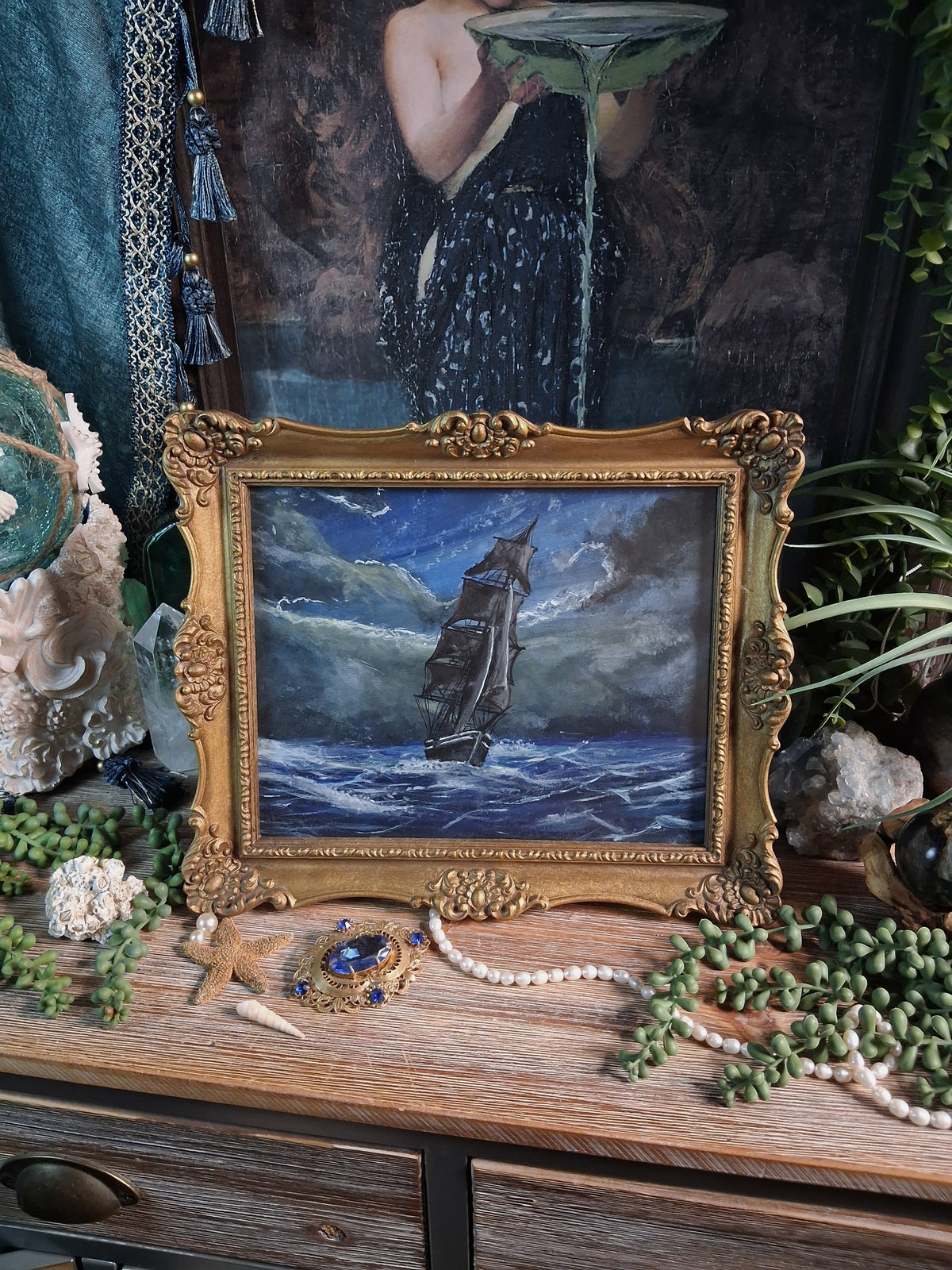 Original Storm Ship Painting in Vintage Gold Frame