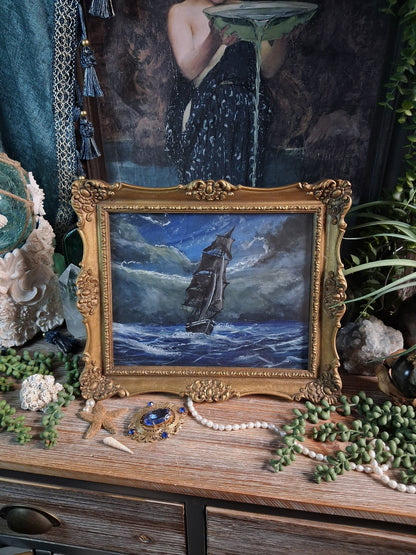Original Storm Ship Painting in Vintage Gold Frame