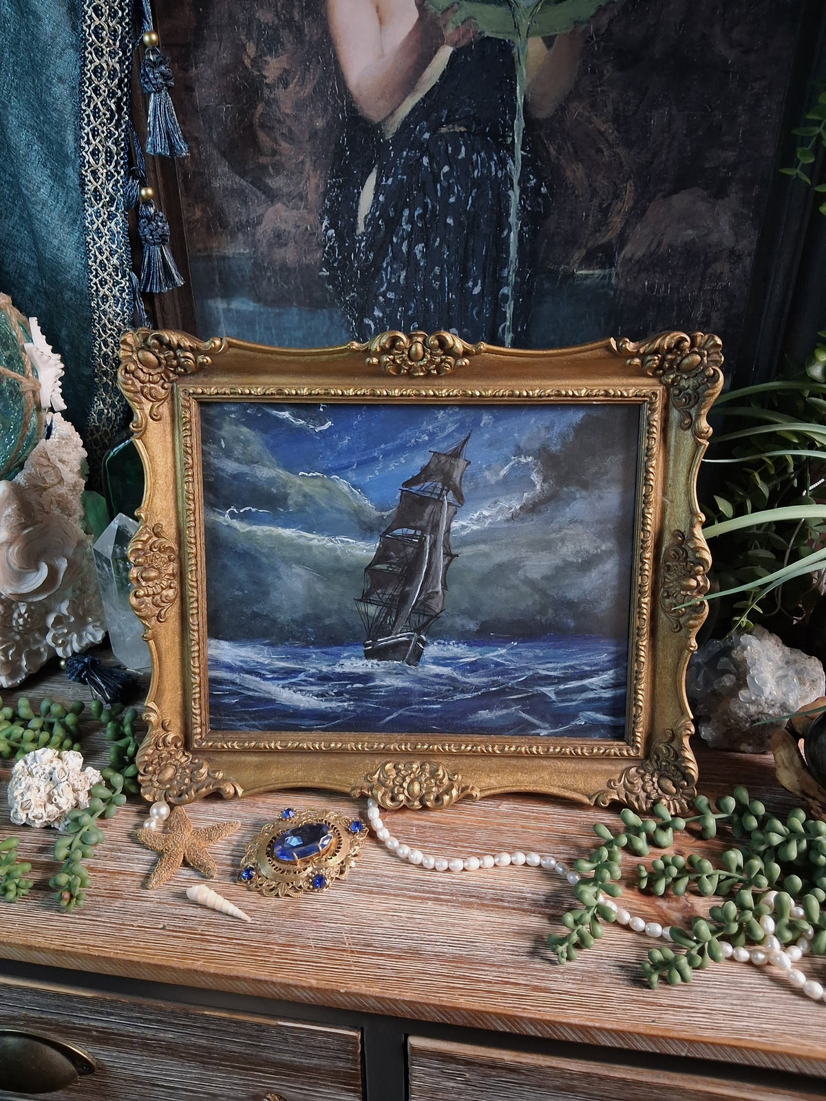 Original Storm Ship Painting in Vintage Gold Frame