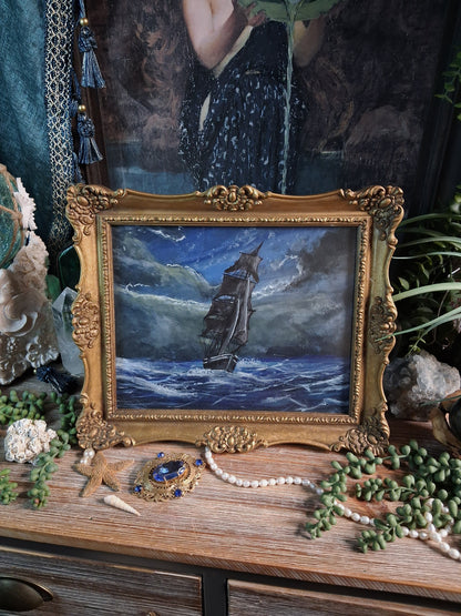 Original Storm Ship Painting in Vintage Gold Frame