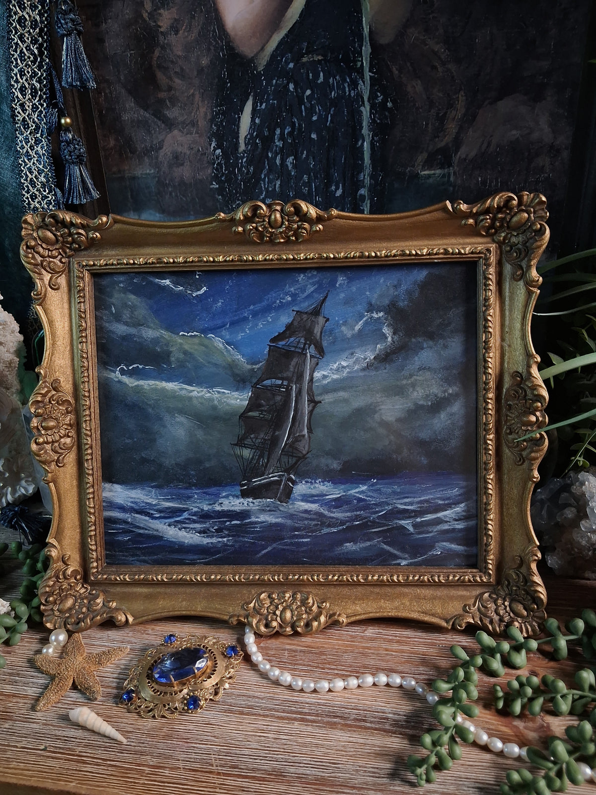 Original Storm Ship Painting in Vintage Gold Frame