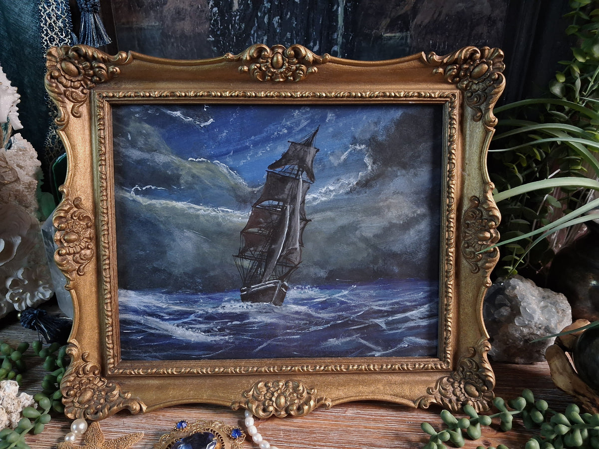 Original Storm Ship Painting in Vintage Gold Frame