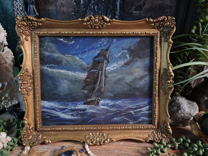 Original Storm Ship Painting in Vintage Gold Frame