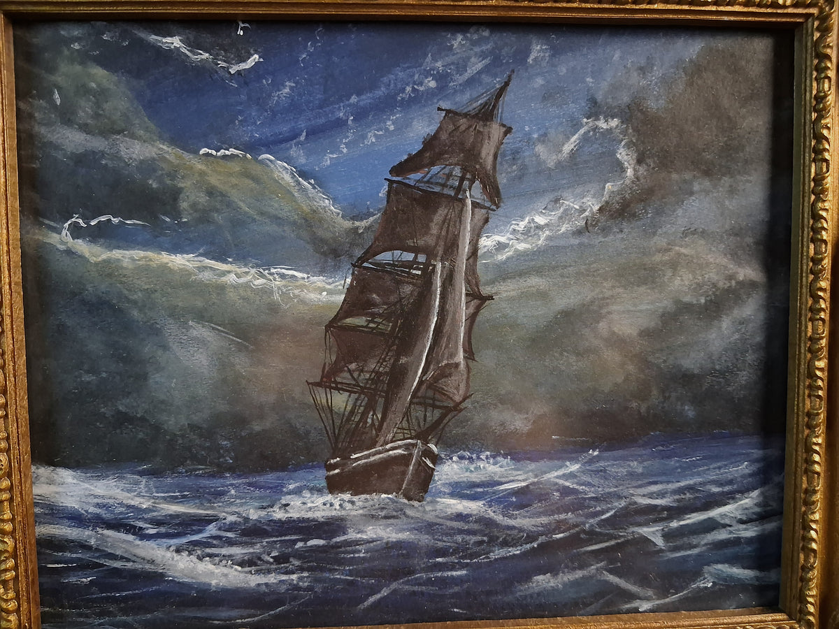 Original Storm Ship Painting in Vintage Gold Frame