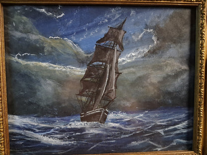Original Storm Ship Painting in Vintage Gold Frame