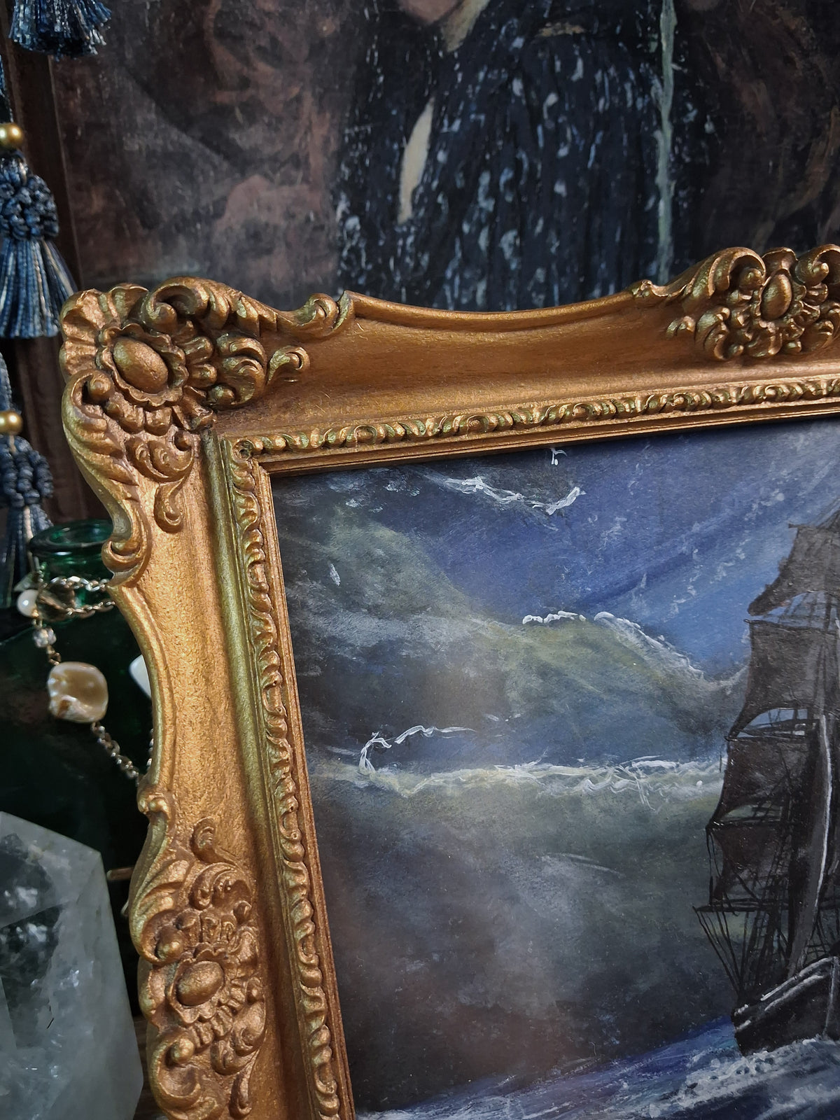 Original Storm Ship Painting in Vintage Gold Frame