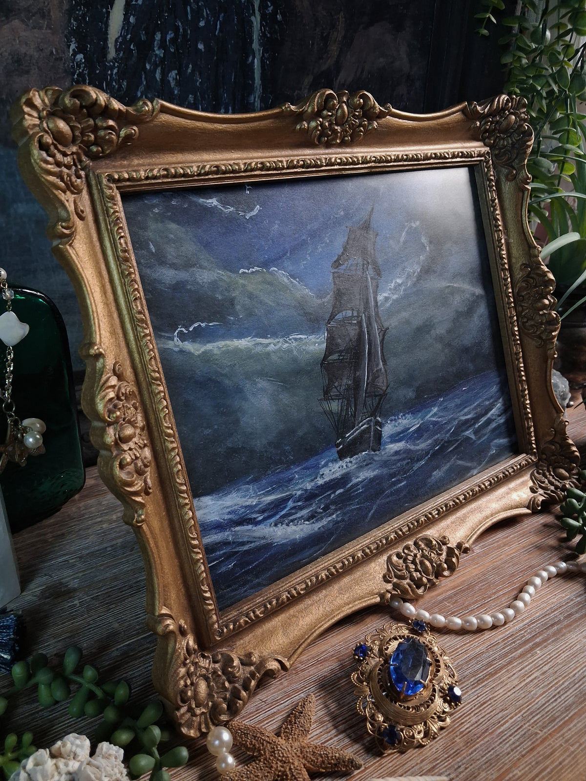 Original Storm Ship Painting in Vintage Gold Frame