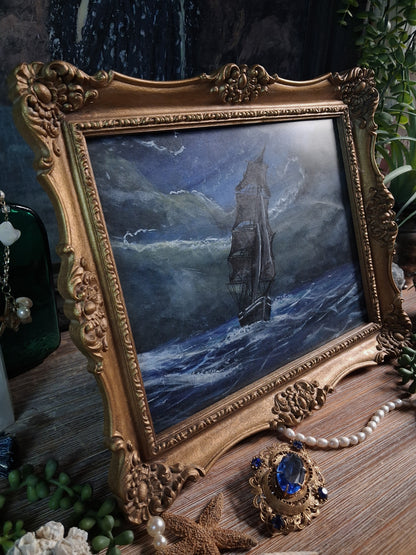 Original Storm Ship Painting in Vintage Gold Frame