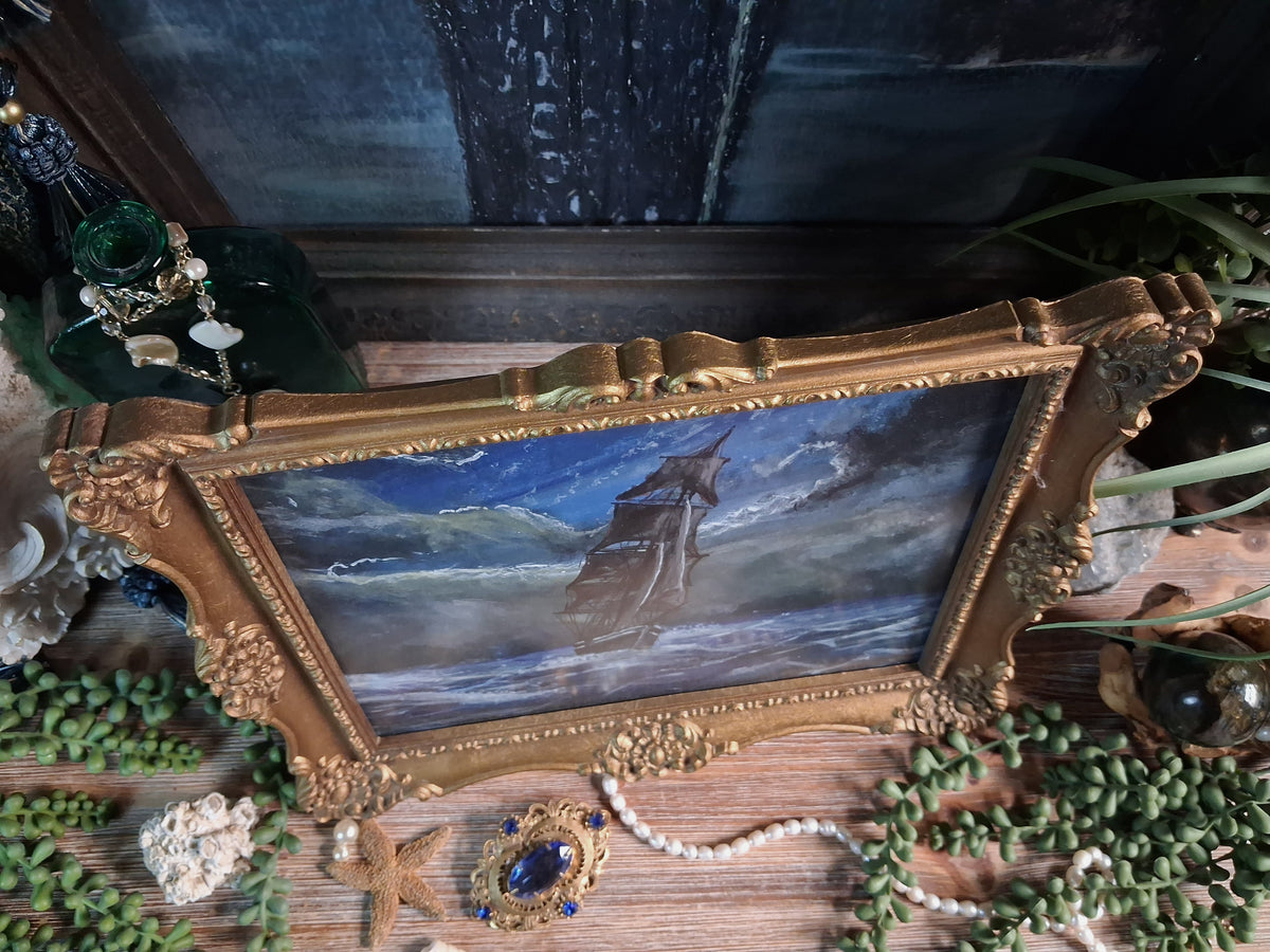 Original Storm Ship Painting in Vintage Gold Frame