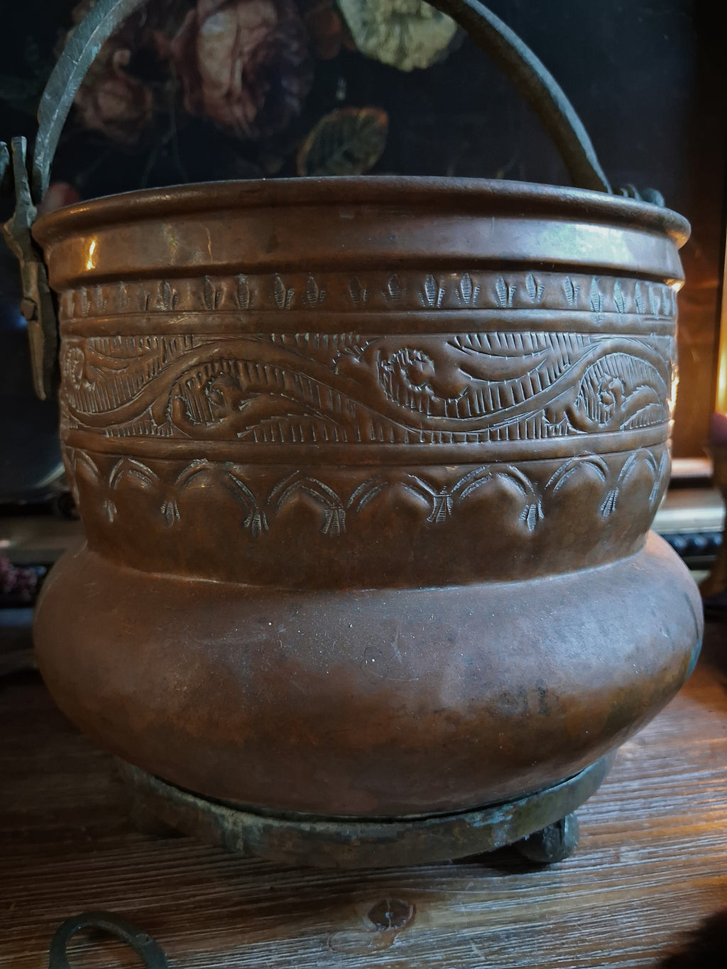 Large Antique Hammered Copper Cauldron