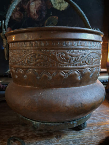 Large Antique Hammered Copper Cauldron