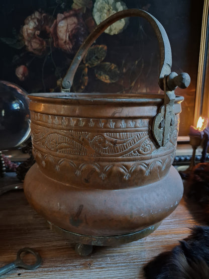 Large Antique Hammered Copper Cauldron