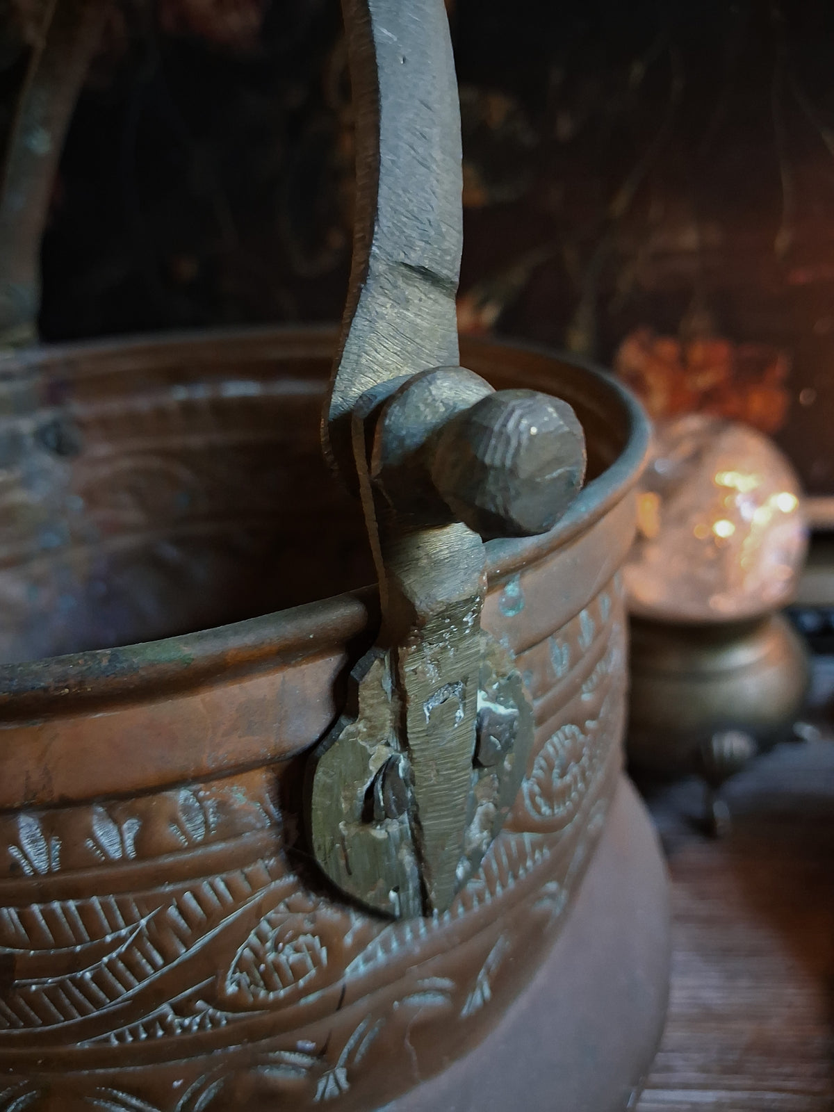 Large Antique Hammered Copper Cauldron