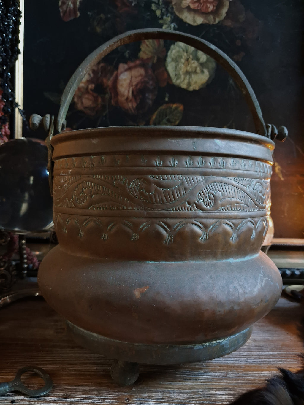 Large Antique Hammered Copper Cauldron