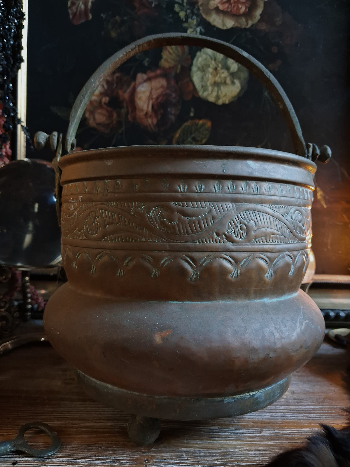 Large Antique Hammered Copper Cauldron