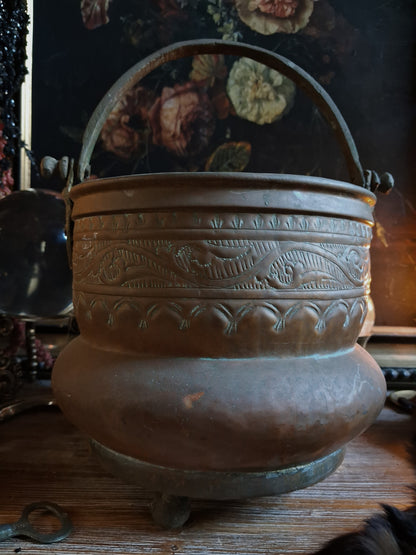 Large Antique Hammered Copper Cauldron